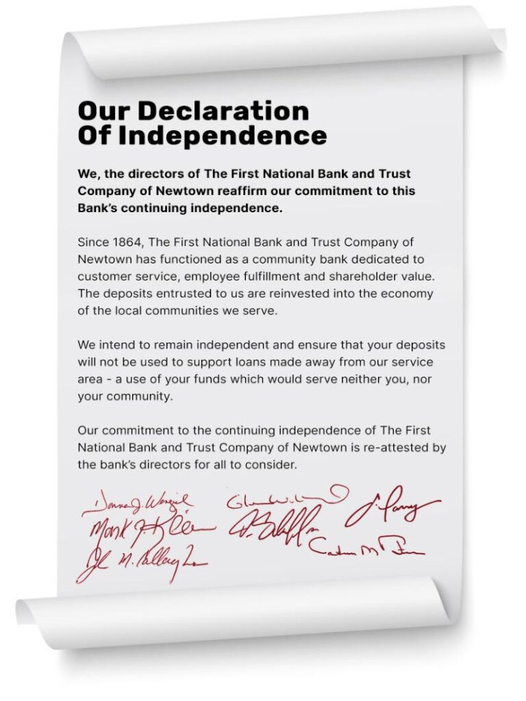 The First National Bank and Trust Company of Newtown Declaration of Independence